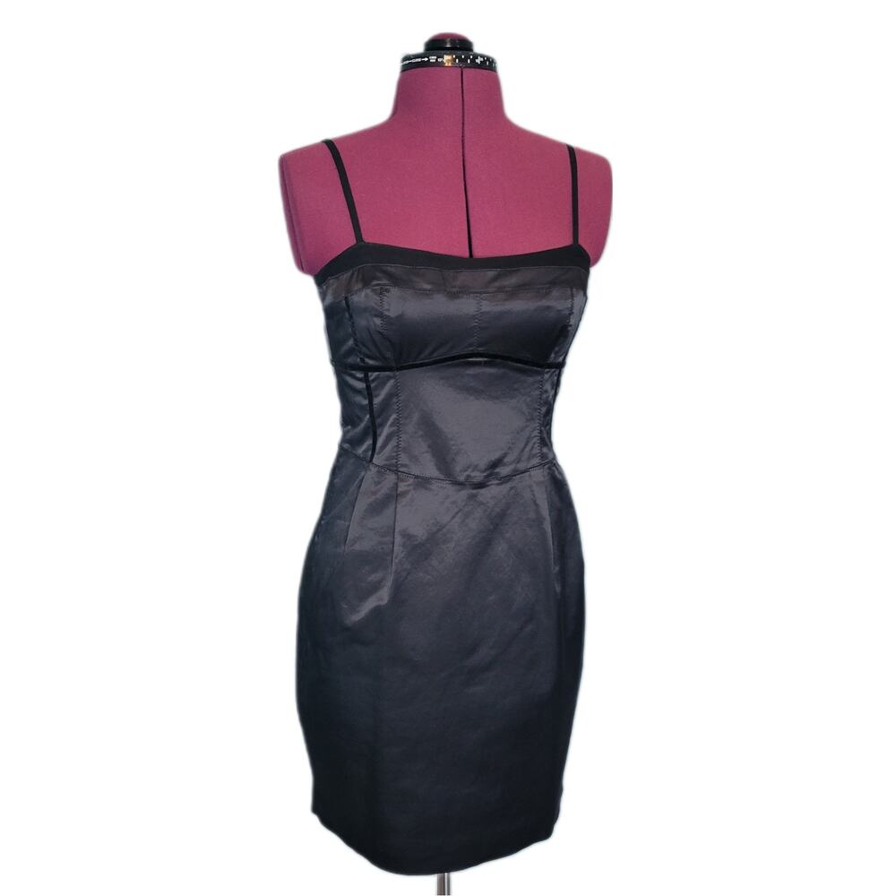 LaROK Y2K Black Satin Bustier Bodycon Dress Velvet & Chiffon Details LBD sz S